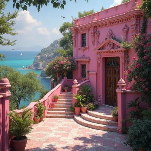 Fuchsia-colored regionalism style building, vibrant fuchsia walls, ornate Baroque architecture, intricate stone carvings, grand entrance with curved staircase, lush greenery surrounding, exotic flower