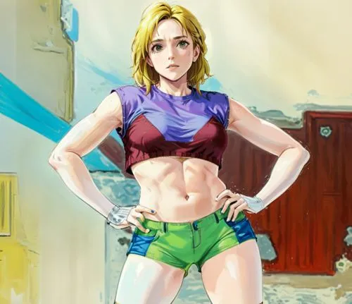 Amy Jo Johnson in  crop top and shorts,a woman in colorful shorts standing with a big ,shanna,superheroine,namorita,melone,super heroine,samus,Anime,Anime,General