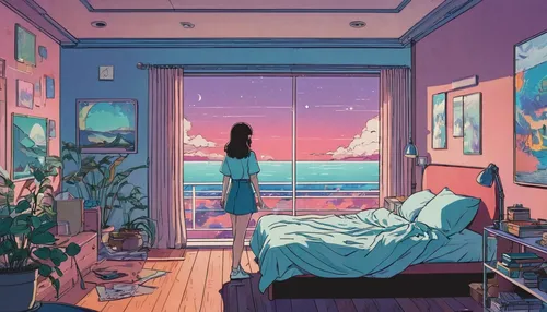 bedroom,blue room,room,aesthetic,pink dawn,vapor,the little girl's room,dream world,芦ﾉ湖,bedroom window,to be alone,empty room,pastel colors,dreaming,daydream,dreamy,one room,soft pastel,dreamland,evening atmosphere,Illustration,Japanese style,Japanese Style 06