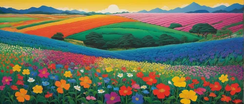 tulip field,tulips field,tulip fields,poppy fields,flower field,blooming field,poppy field,flowers field,flower meadow,blanket of flowers,field of flowers,tulip festival,wildflower meadow,the valley of flowers,valensole,spring meadow,meadow in pastel,flowering meadow,hare field,summer meadow,Illustration,Japanese style,Japanese Style 20