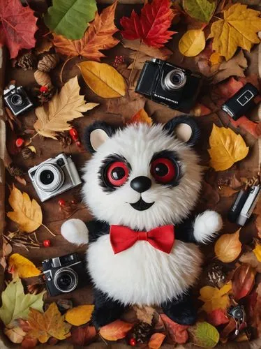 Bugbear, anthropomorphic, cute, cartoonish, round face, big eyes, shiny black nose, fluffy white fur, red bow tie, holding a tiny camera, smiling, playful, standing on hind legs, forest floor, autumn 