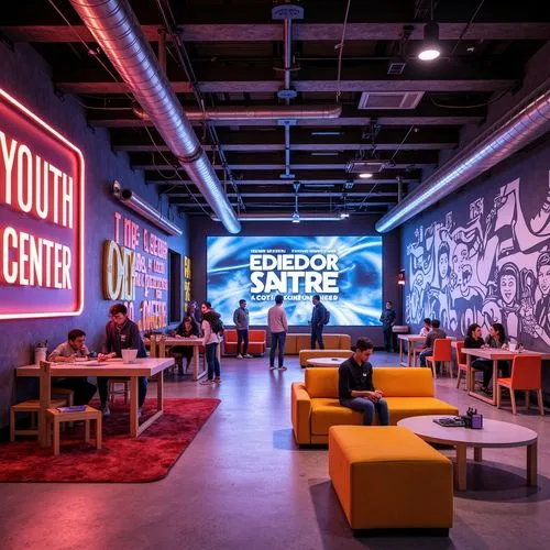 Vibrant youth center, energetic atmosphere, playful interior design, bright color scheme, bold typography, graffiti-inspired murals, neon-lit corridors, exposed ductwork, industrial-chic architecture,