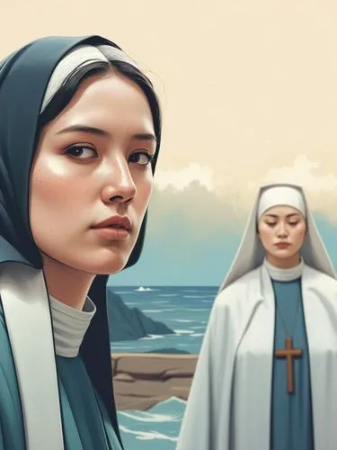 Some nuns immersed in prayer,an image of a nun and a young nun,nuns,monjas,postulants,carmelite order,novitiate,carmelite,Illustration,Vector,Vector 03