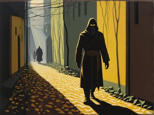 In the heart of a bustling city, a thief with piercing yellow eyes and a thick beard charges through a narrow alley that seems to reach out to reach anything open. The thief's piercing yellow eyes bli