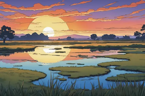 alligator alley,swampy landscape,freshwater marsh,tidal marsh,marsh,wetlands,salt marsh,salt meadow landscape,wetland,plains,bayou,ricefield,evening lake,river delta,coast sunset,swamp,prairie,river landscape,the rice field,everglades,Illustration,Japanese style,Japanese Style 07