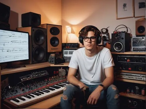 Lofi music producer, young adult male, messy brown hair, thick black-rimmed glasses, casual wear, plain white T-shirt, ripped jeans, sneakers, relaxed sitting posture, surrounded by music equipment, s