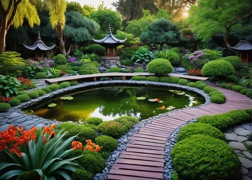 Lush botanical garden, modern landscape architecture, serene ambiance, daytime, sunny weather, vibrant greenery, variety of flowering plants, meandering stone pathways, ornate wooden bridges, tranquil