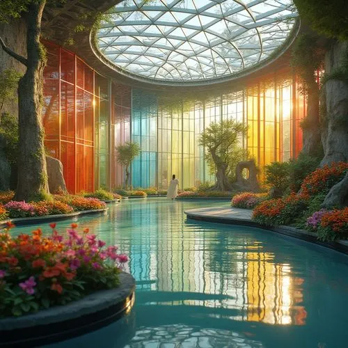 flower dome,biodome,glasshouse,rainbow bridge,diamond lagoon,conservatory,futuristic art museum,wintergarden,greenhouse,biopiracy,futuristic architecture,water cube,winter garden,biosphere,garden by the bay,hothouse,ecotopia,aviary,secret garden of venus,garden of eden,Photography,General,Realistic