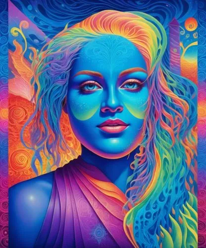 a blue woman with long hair wearing a purple top,matangi,neon body painting,chakra,indigo,nitai,uv,Illustration,Realistic Fantasy,Realistic Fantasy 39