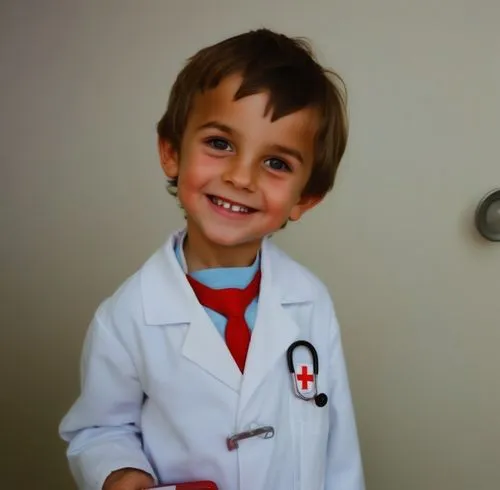 Una caricatura de un niño médico, de unos 8 años, con una bata blanca y un estetoscopio alrededor del cuello. El niño tiene una expresión alegre y está sosteniendo un maletín de primeros auxilios rojo