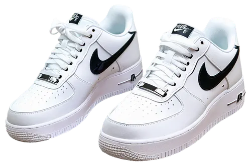 Nike Air Force 1, white sneakers, black swoosh logo, laces tied, silver metal eyelets, soft leather upper material, rubber outsole, low-top design, dynamic flying lines, sporty vibe, sharp angles, dra