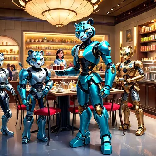 automatons,robonaut,chocolatiers,cybermen,baristas,robocup,animatronics,star kitchen,ixa,bottega,the coffee shop,cybertronians,greeters,digivolve,tsuburaya,rosa cantina,cantina,cosmetics counter,cafeterias,fembots,Anime,Anime,Cartoon