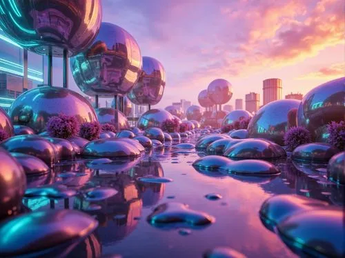 futuristic landscape,alien world,alien planet,spheres,virtual landscape,shaders,blue spheres,cyberworld,shader,kaleidoscape,fractal environment,fantasy city,3d fantasy,ice planet,3d render,cyberia,cybertown,fantasy world,cybercity,mushroom landscape