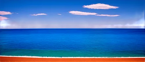 Seascape, vast open ocean, clear blue water, gentle waves, sunny day, few white clouds, horizon line, 3/4 composition, panoramic view, shallow depth of field, warm color tone, cinematic lighting, real