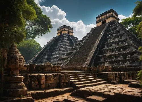 Ancient Mayan ruins, majestic stone structures, intricate carvings, vibrant frescoes, ceremonial pyramids, grand temples, ornate palaces, mystical ball courts, jungle surroundings, lush greenery, exot