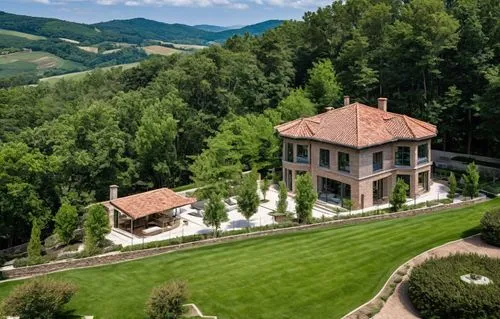 Landscape of a house in the countryside next to an eclectic contemporary brick house with English style elements. ,a house with a view in the woods,bendemeer estates,villa balbiano,domaine,villa,villa