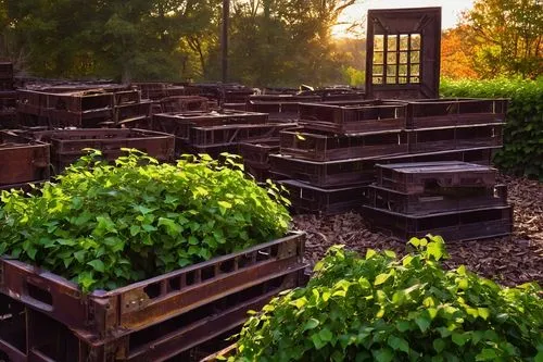 Historic architectural salvage yard, Maryland, rustic wooden crates, vintage windows, old brick walls, distressed metal roofing, reclaimed wood planks, rusty industrial machinery, overgrown with ivy, 