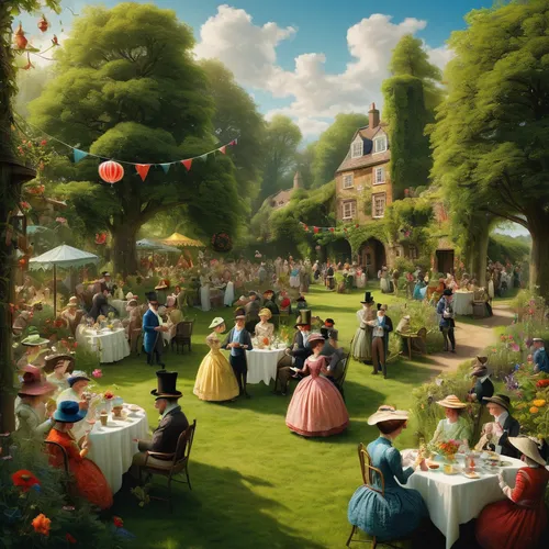 garden party,tearoom,tea party,english garden,the victorian era,doll's festival,fête,the garden society of gothenburg,village festival,garden of eden,parasols,picnic,secret garden of venus,afternoon tea,high tea,beer garden,summer fair,paris cafe,in the garden,flower garden,Illustration,Abstract Fantasy,Abstract Fantasy 01