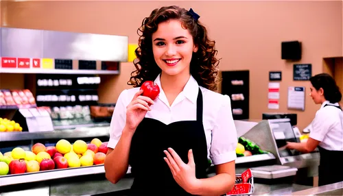 Supermarket cashier, female, young adult, uniform, name tag, bright smile, curly brown hair, subtle makeup, white blouse, black apron, standing, posed, hands on counter, basket with fruits, fluorescen