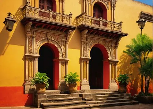 Spanish colonial architecture, Philippines, Intramuros, Manila, grandiose, ornate, intricately carved wooden doors, stone walls, red-tiled roofs, bell towers, Baroque-style facades, arched windows, ba