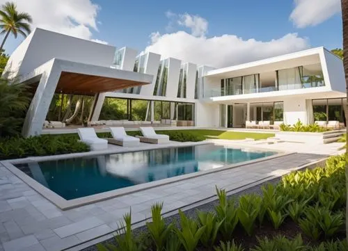 DISEÑO DEL EXTERIOR DE UNA RESIDENCIA ESTILO MINIMALISTA, CON COLORES BLANCOS Y NEUTROS, AMPLIOS VENTANALES DE CRISTAL, ALBERCA, EN MEDIO DE UN AMBIENTE EXUBERANTE,there is a modern, stylish mansion i