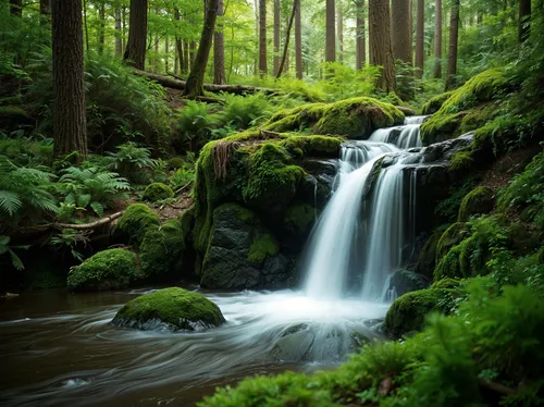 A nature photograph capturing a serene forest scene. The main subject is a cascading waterfall that flows over moss-covered rocks, surrounded by lush green ferns and trees. The visual attributes inclu