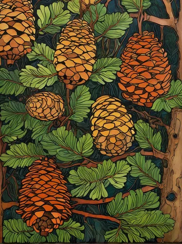 Describe the beauty of Douglas fir cones in an enchanted forest.,pinecones,pine cones,fruit pattern,pine cone pattern,pineapple pattern,khokhloma painting,patterned wood decoration,embroidered leaves,