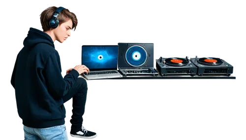 Headphone-wearing DJ, dubstep music enthusiast, young adult, messy brown hair, bright blue eyes, casual wear, black hoodie, ripped jeans, sneakers, vinyl records, turntable, laptop, mixing console, di