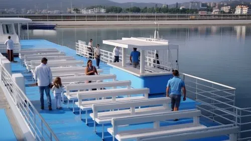 kiosco con barra para vender refresco, copteles, cafe, COCADA ubicada en la pare superior de uun ferry con detalles de un barco en la noche fotorealista CON PISO AZUL PASTEL, Y TECHO DE LONA TENASADO 