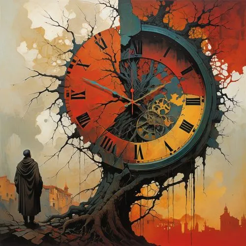 Generuj styl Zdzisław Beksiński  zastosuj Umbria i sangwina Korzenie wyrastają z pękniętego na pół zegara ,clockmaker,grandfather clock,clock,time spiral,clock face,the eleventh hour,clocks,out of tim