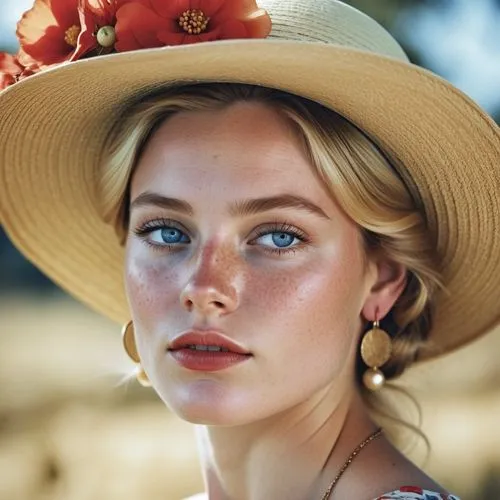 Close-up portrait of a young woman with striking features, displaying a thoughtful or introspective expression. Her face is highlighted by bright blue eyes, red lipstick, and delicate freckles dusting