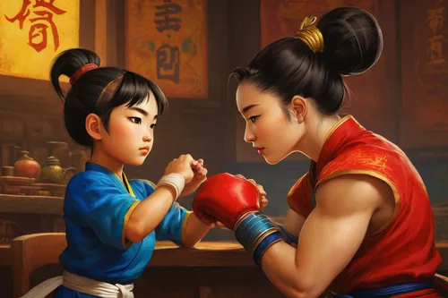 Write a heartwarming scene where Chunli mentors a young aspiring fighter.,korean culture,chinese art,baozi,sanshou,oriental painting,wushu,korean history,wing chun,game illustration,mulan,martial arts