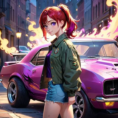 dodge la femme,girl and car,asuka langley soryu,muscle car cartoon,miata,fire background,toyota supra,kosmea,nora,dodge,phoenix,pontiac,retro girl,fire devil,challenger,dodge challenger,pony car,daphne,starfire,american muscle cars,Anime,Anime,Cartoon