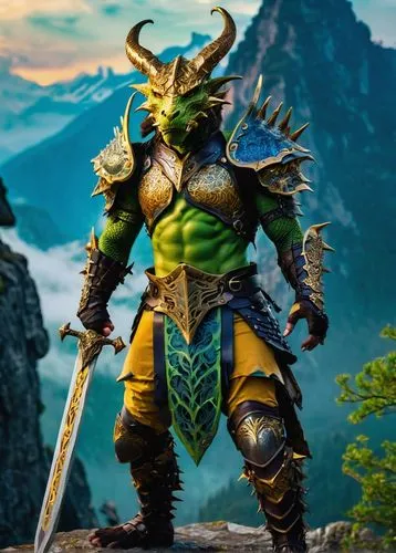 Dragonborn, male, muscular, green scales, golden horns, piercing yellow eyes, strong jawline, tribal tattoos on arms, black leather armor, silver trim, spiked shoulder pads, intricate scale patterns o