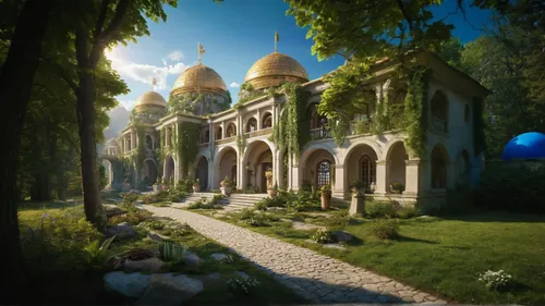 fairy tale castle,druid grove,peter-pavel's fortress,fantasy landscape,fairytale castle,northrend,dandelion hall,white temple,house in the forest,3d fantasy,monastery,mausoleum ruins,fairy village,fantasy picture,enchanted forest,elven forest,mushroom landscape,hall of the fallen,monastery garden,fairytale forest