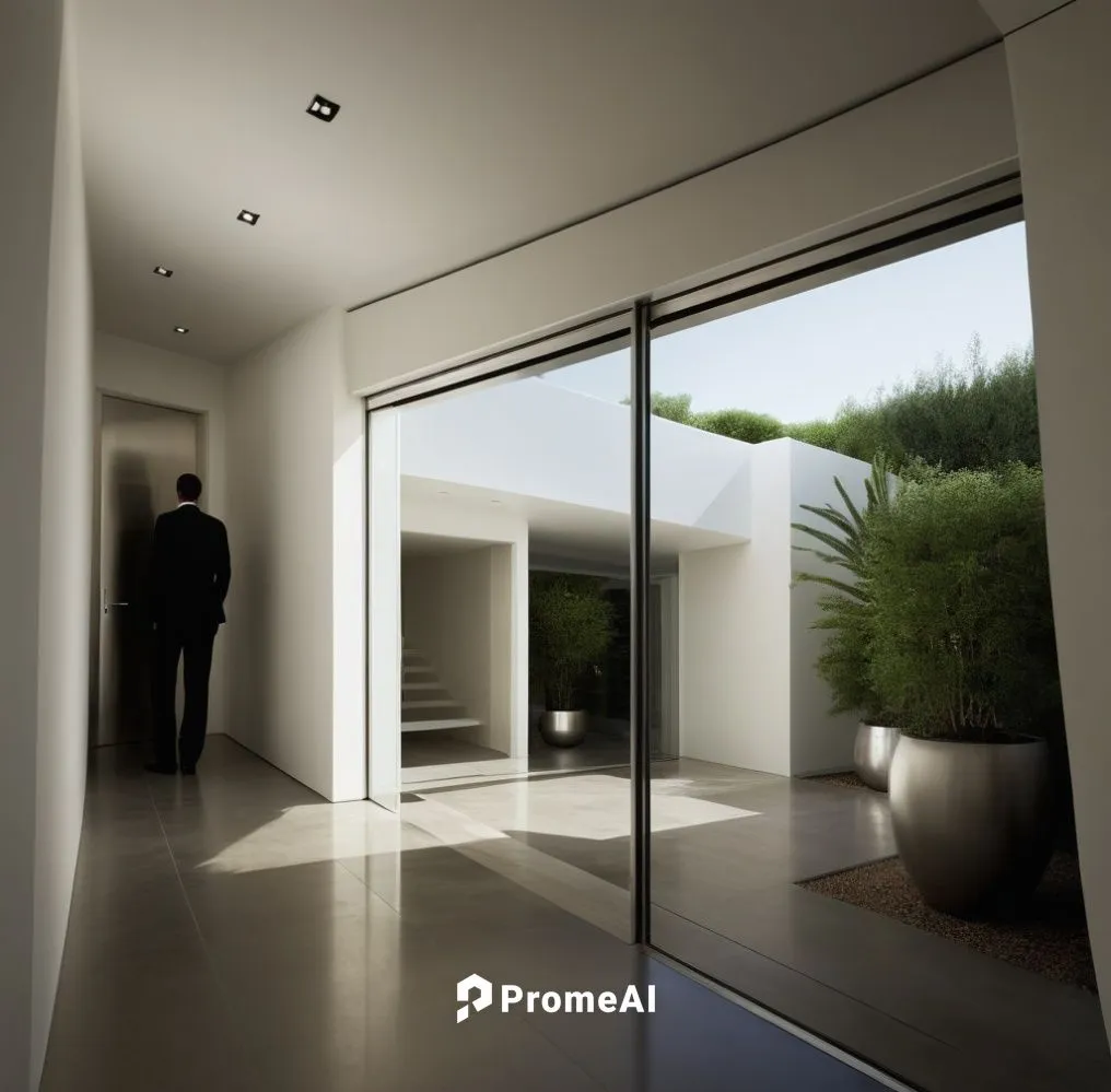 INTERIOR DEL VESTIBULO DE UNA CASA, QUE DA  AUN JARDIN INTERIOR CON MACETAS Y PLANTAS EXOTICAS, CANCALES DE ALUMINIO, CRISTAL, ILUMINACIÓN ELEGANTE Y TENUE,a man standing in an open room that leads in