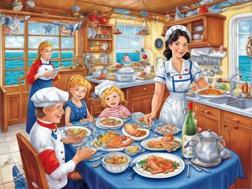 cooking book cover,doll kitchen,cookery,girl in the kitchen,food and cooking,portuguese galley,popeye village,domestic,the kitchen,nautical children,big kitchen,kitchen,placemat,children's background,domestic life,star kitchen,red cooking,housewife,cuisine classique,galley,Illustration,Realistic Fantasy,Realistic Fantasy 19