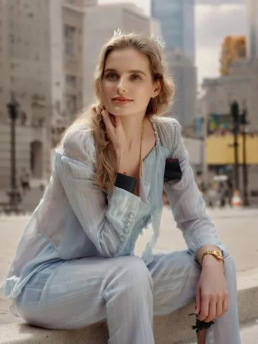 a woman with long brown hair and bright brown eyes stands in the middle of a bustling city street, gazing out at the skyscrapers. She wears a red gown and a pair of black shoes, and a crown made of go