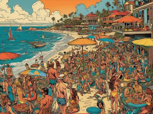 waikiki beach,people on beach,beach goers,umbrella beach,the hotel beach,laguna beach,paradise beach,swimming people,santa barbara,caribbean beach,copacabana,honolulu,beach bar,the people in the sea,seaside resort,dream beach,kohphangan,luau,sunset beach,most beach,Illustration,American Style,American Style 04