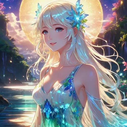 honolulu,water nymph,mermaid background,summer crown,rusalka,elsa,summer background,luminous,lilly of the valley,aloha,flora,water-the sword lily,radiant,nami,ocean background,aurora,tamarama,flower fairy,summer bloom,azalea,Illustration,Japanese style,Japanese Style 03