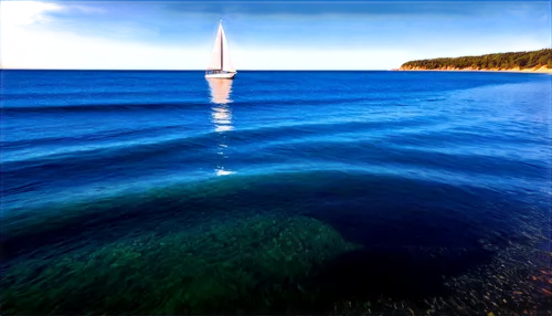 Sea scene, calm ocean, blue water, wave movement, sunlight reflection, white foam, sailboat in distance, 3/4 composition, shallow depth of field, soft focus, warm color tone, cinematic lighting, morni