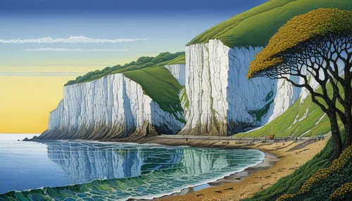 chalk cliff,white cliffs,coastal landscape,seven sisters,cliff coast,cliffs ocean,cliffs of etretat,the cliffs,cliffs,cliff top,limestone cliff,gower,three point arch,sea landscape,cliffs etretat,durdle door,pancake rocks,dorset,bass rock,english channel,Illustration,Realistic Fantasy,Realistic Fantasy 03