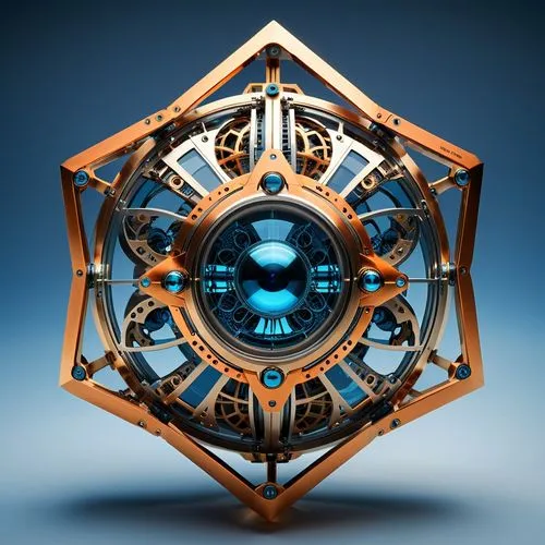 "Create an image of a tetrahedron shaped futuristic, high-tech device inspired by the Antikythera Mechanism, an ancient Greek analog computer used for astronomical purposes. The new device should be c