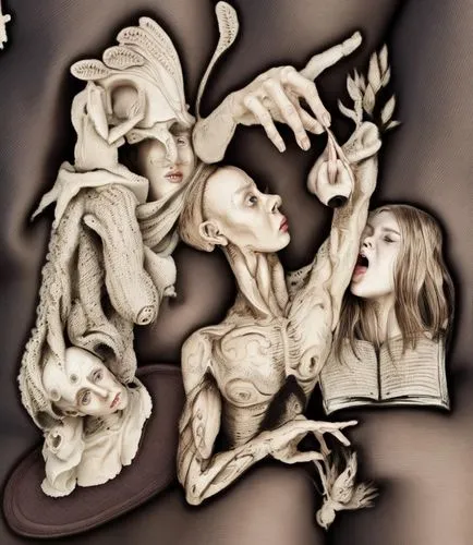 naked woman
,two female figures with arms stretched out next to each other,grotesques,porcelain dolls,grotesqueries,marionettes,diterlizzi,joint dolls,Common,Common,Natural