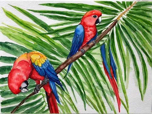 couple macaw,passerine parrots,tropical birds,parrots,parrot couple,macaws,tropical bird climber,rosella,macaws of south america,scarlet macaw,sun conures,light red macaw,edible parrots,rainbow lorikeets,macaws blue gold,bird painting,parrot feathers,rare parrots,birds on a branch,colorful birds,Illustration,Retro,Retro 26