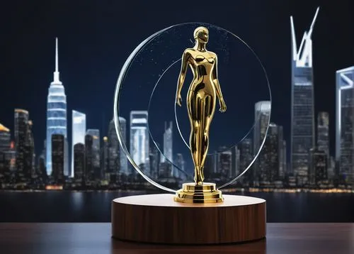 Modern architectural design award trophy, sleek metallic structure, golden color, intricate details, pedestal base, circular shape, elegant font, "Design Excellence" engraved, stage lighting, dark blu