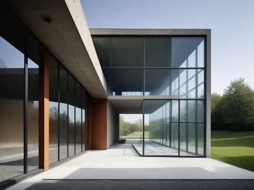 a large room filled with large windows next to a grass field,glass facade,glass wall,adjaye,structural glass,minotti,revit