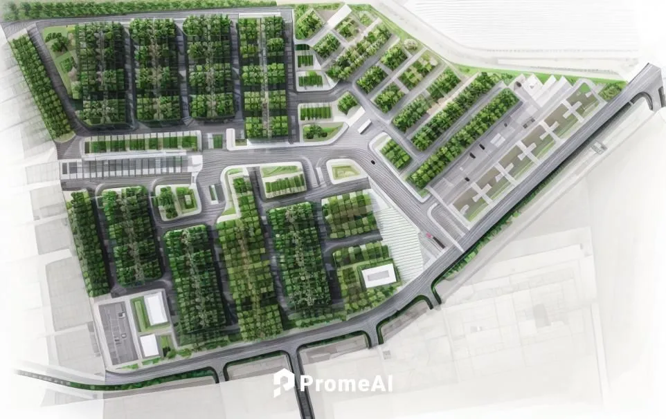 Improve site master plan, preserve trees and cars and maintain gray and green tones,a plan shows a road intersection and lots of trees,solar cell base,greentech,solarcity,greenhouses,solar modules,pho