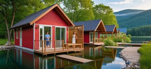 three people standing on a dock looking at floating huts,floating huts,houseboats,house with lake,boathouses,stilt houses,cube stilt houses,Photography,General,Realistic