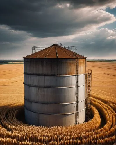 Futuristic silo, rural landscape, cylindrical structure, metallic material, rusty texture, worn-out ladder, surrounded by wheat fields, few birds flying overhead, cloudy sky, warm sunlight casting lon